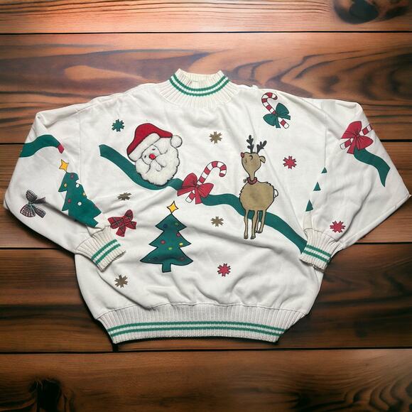 VINTAGE 90s Cottagecore Christmas Sweatshirt Mock Neck Embroidered Jingle Bell L - Picture 2 of 7